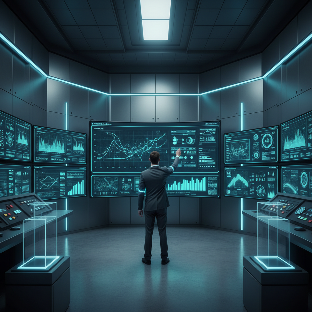 Process control room with industrial monitoring displays